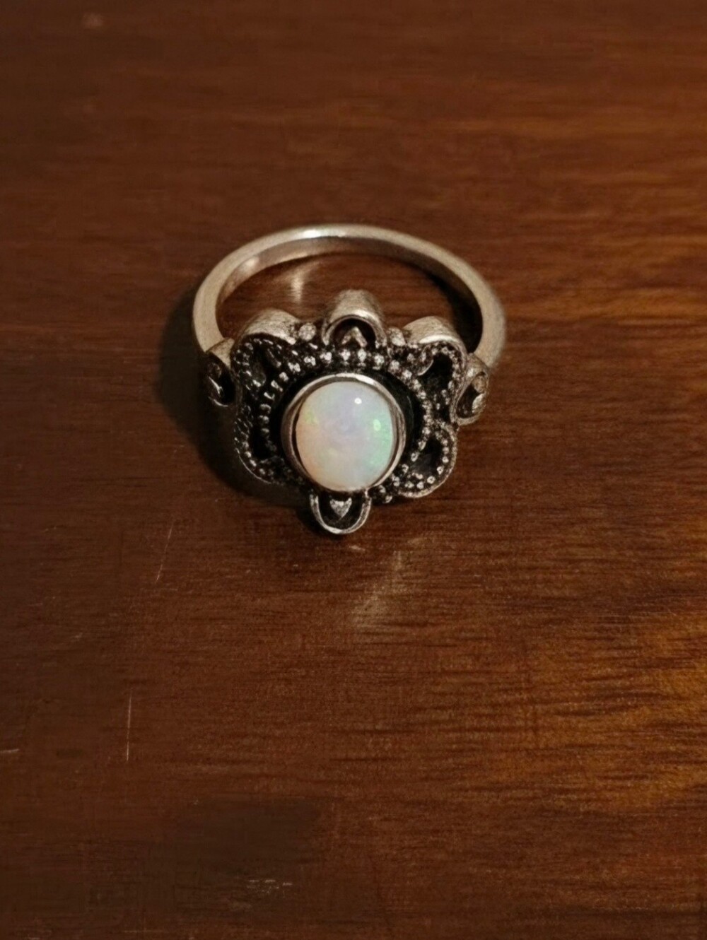 Sterling-Style Opal Solitaire Flower Ring - White Opal - Size 6